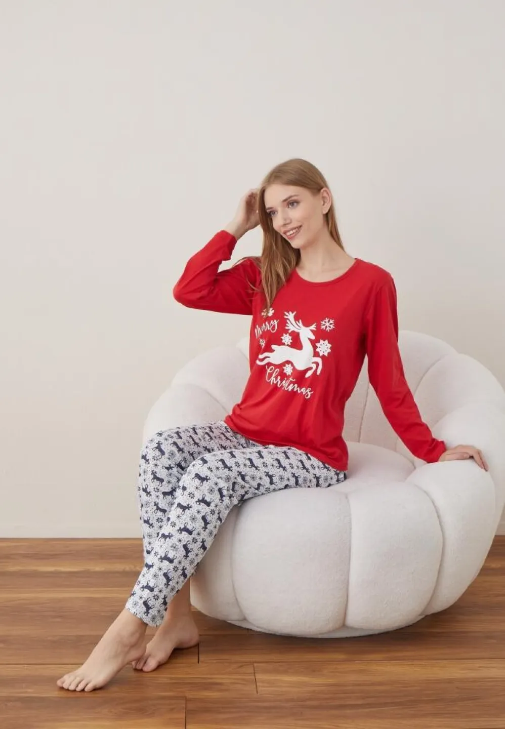 Pijama Craciun Dama Maneca Lunga Pantalon Lungi Rosu Merry Christmas - 2