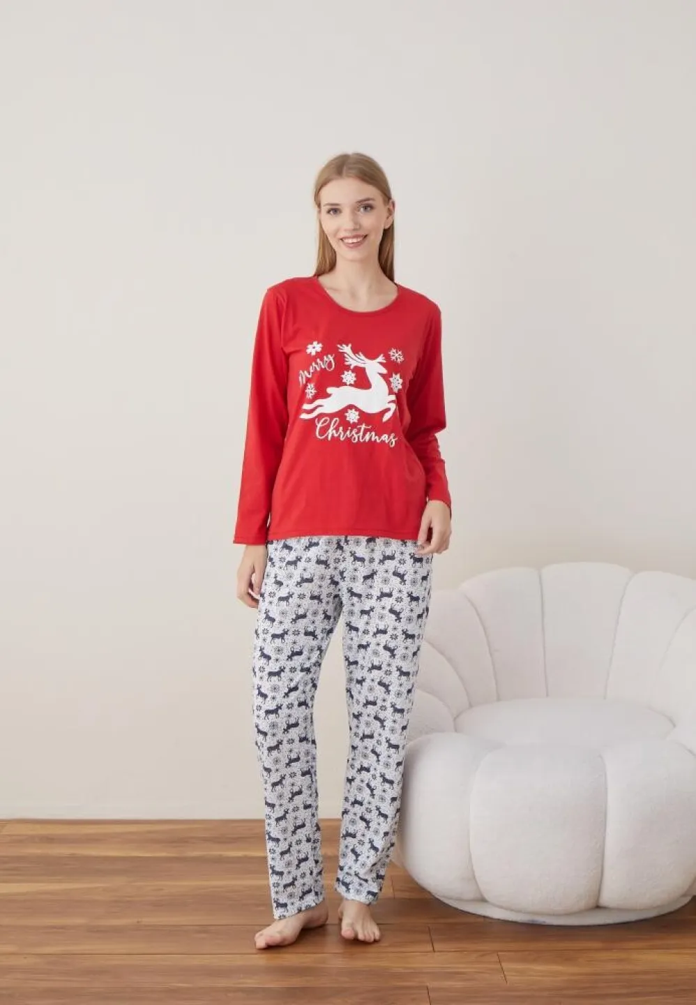 Pijama Craciun Dama Maneca Lunga Pantalon Lungi Rosu Merry Christmas - 4