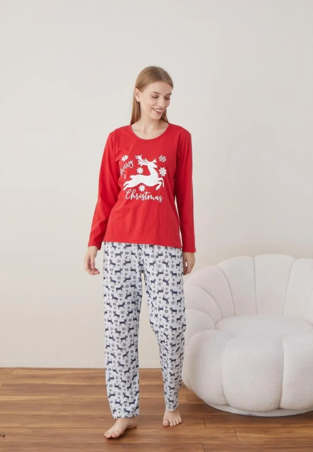 Pijama Craciun Dama Maneca Lunga Pantalon Lungi Rosu Merry Christmas - 5