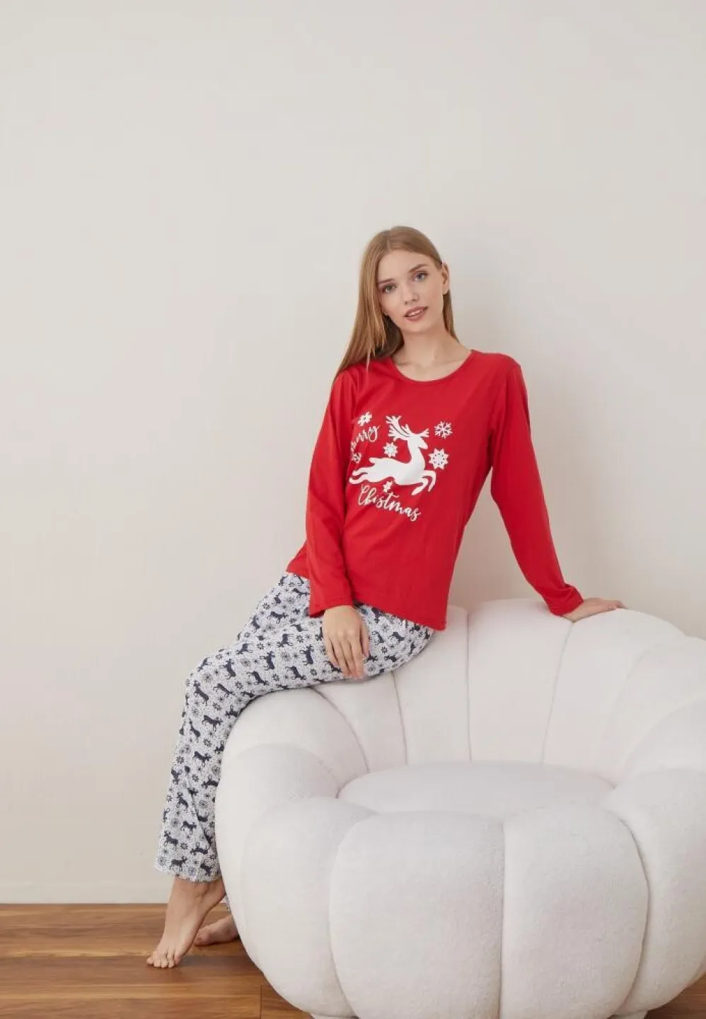 Pijama Craciun Dama Maneca Lunga Pantalon Lungi Rosu Merry Christmas - 6