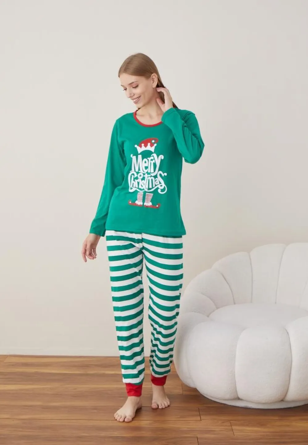 Pijama Craciun Dama Maneca Lunga Pantalon Lungi Verde Merry Christmas - 2