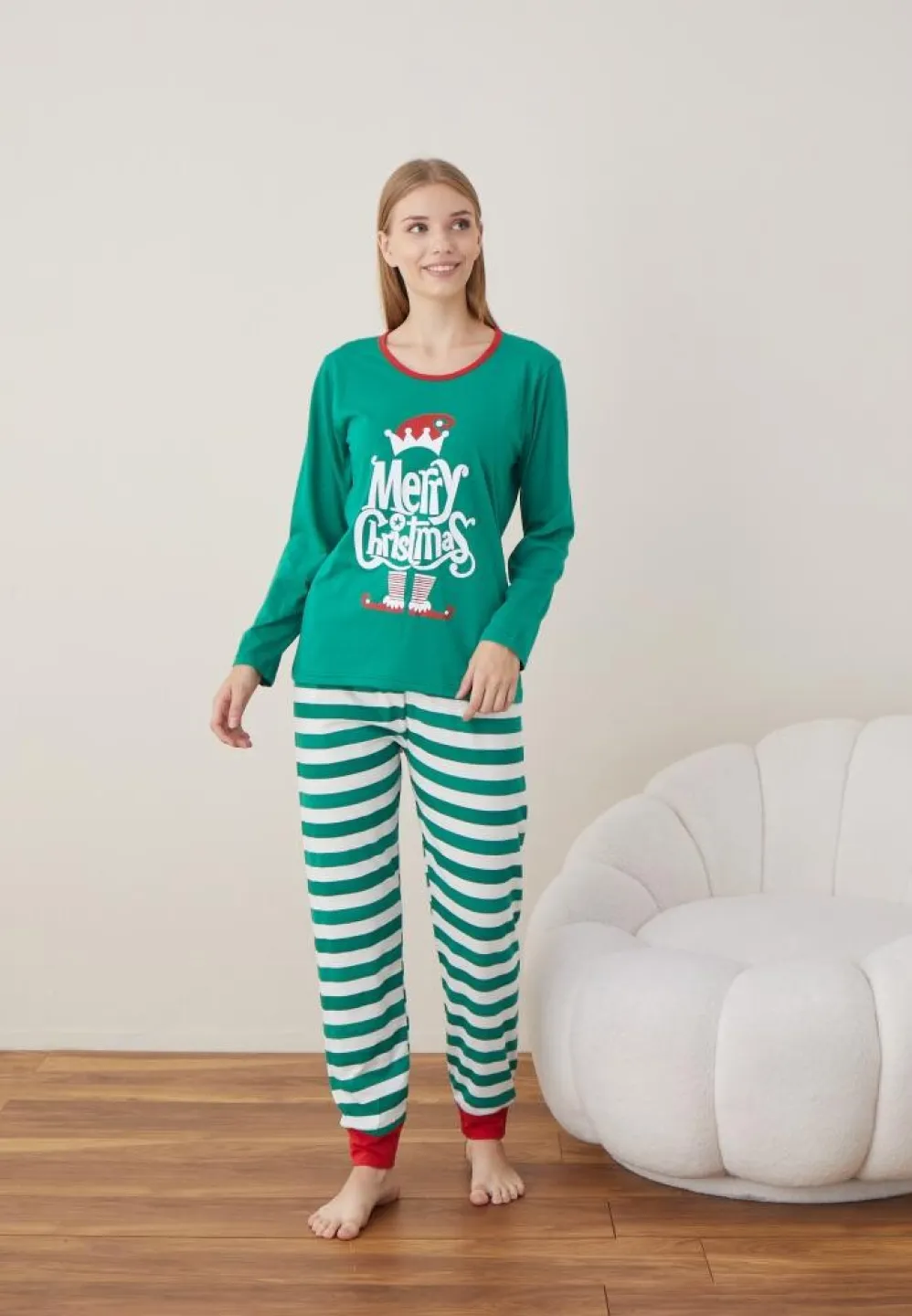Pijama Craciun Dama Maneca Lunga Pantalon Lungi Verde Merry Christmas - 3