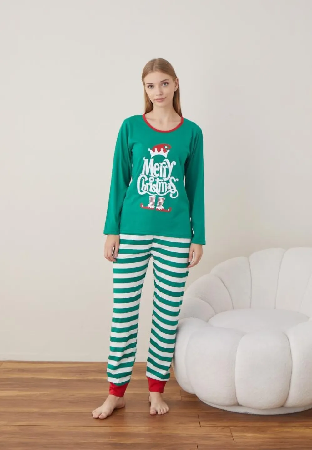 Pijama Craciun Dama Maneca Lunga Pantalon Lungi Verde Merry Christmas - 7