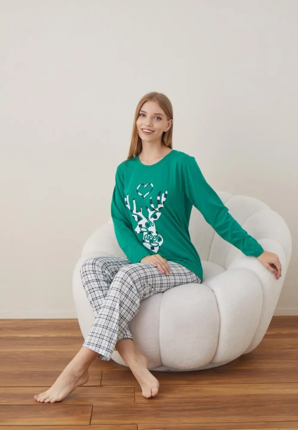 Pijama Craciun Dama Maneca Lunga Pantalon Lungi Verde Ren - 2