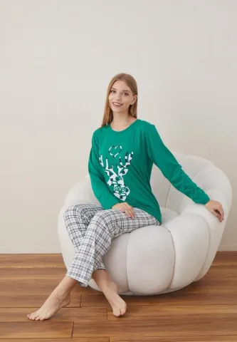 Pijama Craciun Dama Maneca Lunga Pantalon Lungi Verde Ren hover