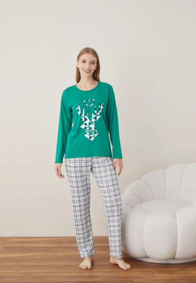Pijama Craciun Dama Maneca Lunga Pantalon Lungi Verde Ren