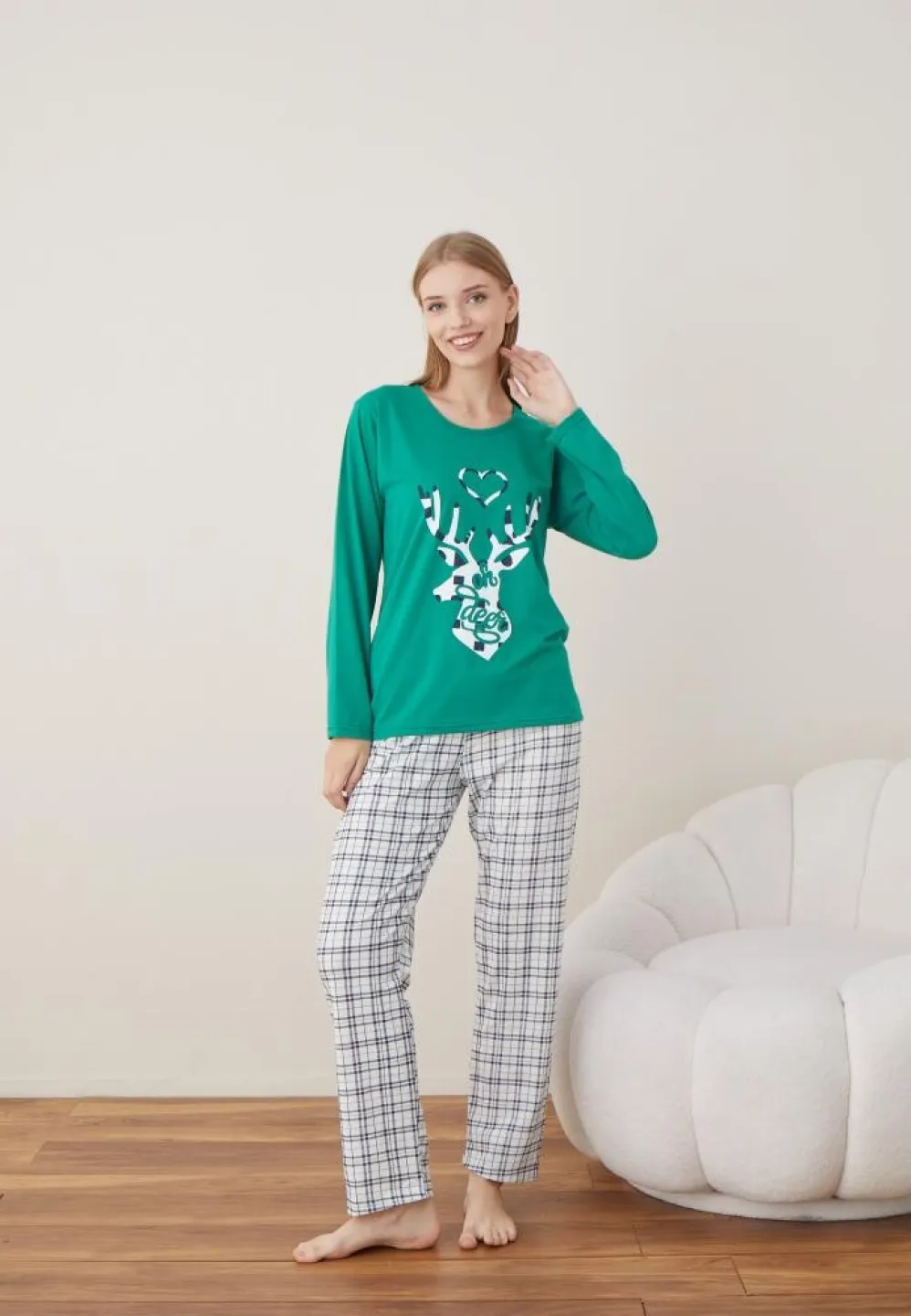 Pijama Craciun Dama Maneca Lunga Pantalon Lungi Verde Ren - 3