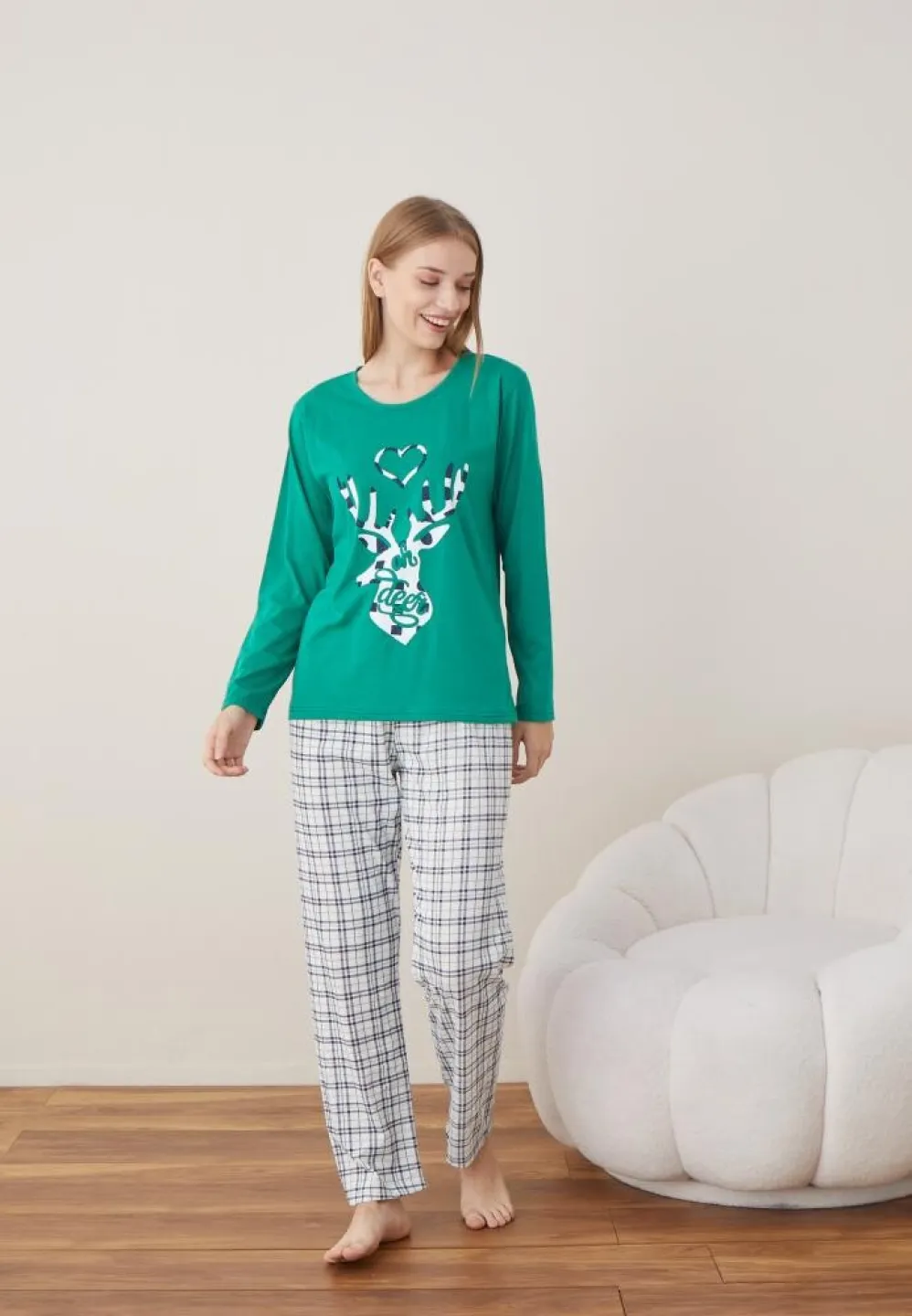 Pijama Craciun Dama Maneca Lunga Pantalon Lungi Verde Ren - 4