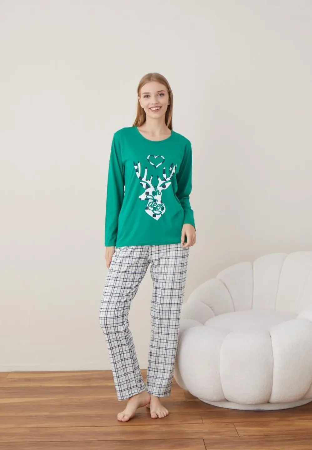 Pijama Craciun Dama Maneca Lunga Pantalon Lungi Verde Ren - 5