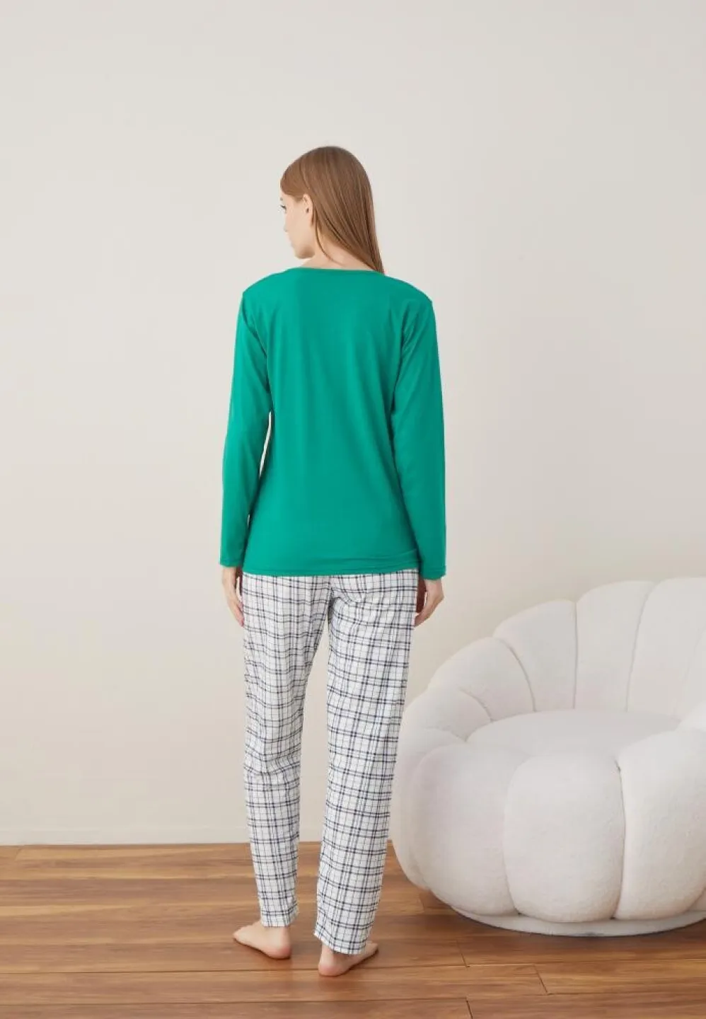 Pijama Craciun Dama Maneca Lunga Pantalon Lungi Verde Ren - 6