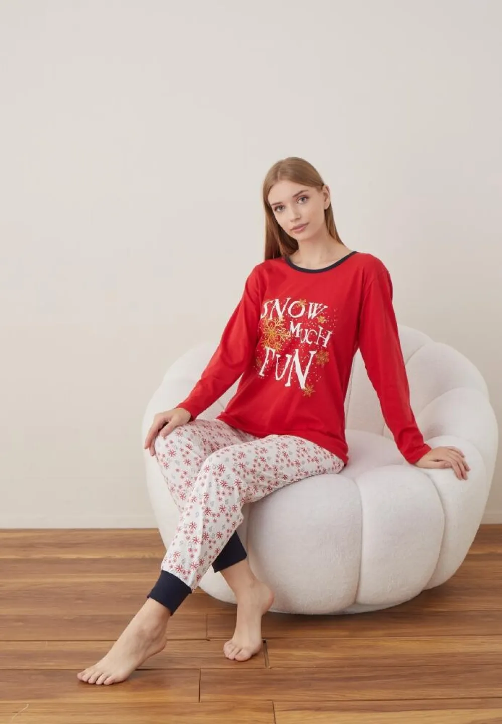 Pijama Craciun Dama Maneca Lunga Pantalon Lungi Rosu SNOW MUCH FUN - 2