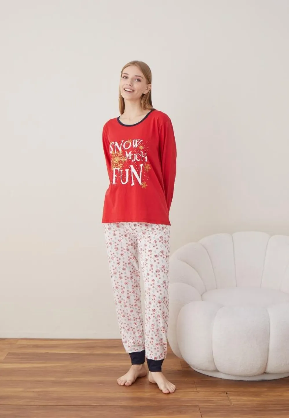 Pijama Craciun Dama Maneca Lunga Pantalon Lungi Rosu SNOW MUCH FUN - 4