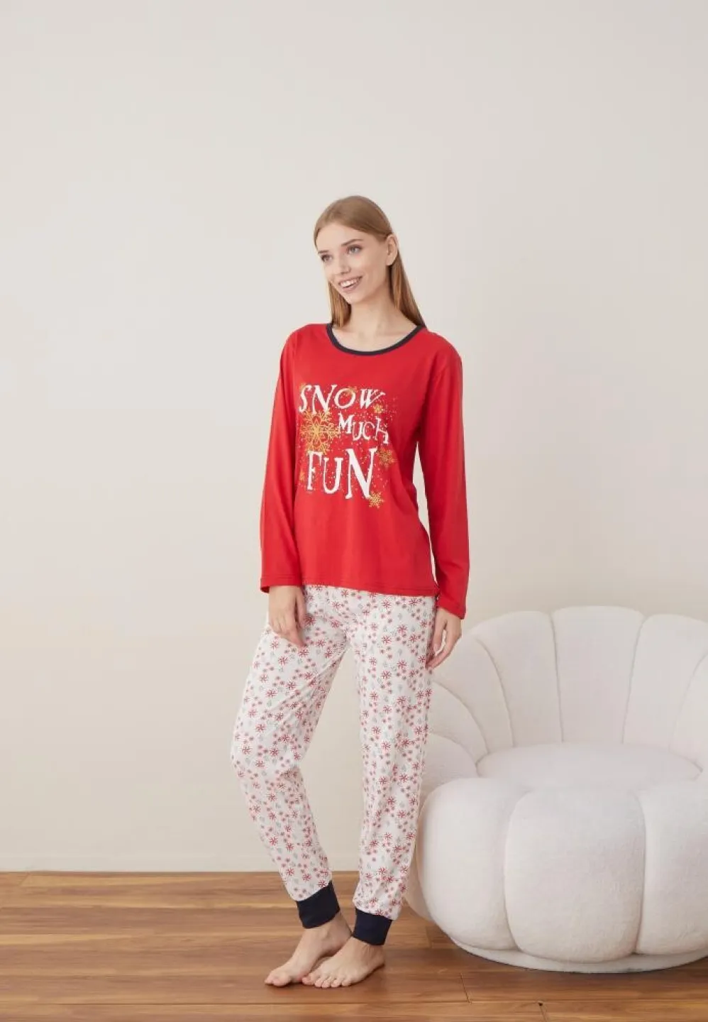 Pijama Craciun Dama Maneca Lunga Pantalon Lungi Rosu SNOW MUCH FUN - 5
