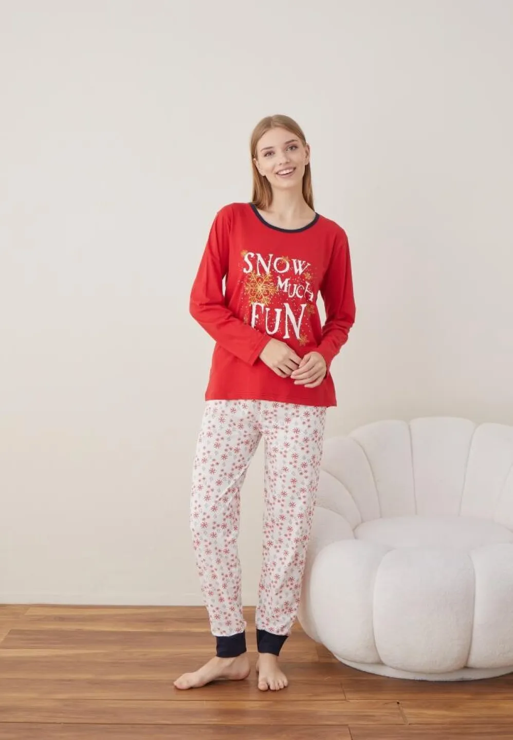 Pijama Craciun Dama Maneca Lunga Pantalon Lungi Rosu SNOW MUCH FUN - 6