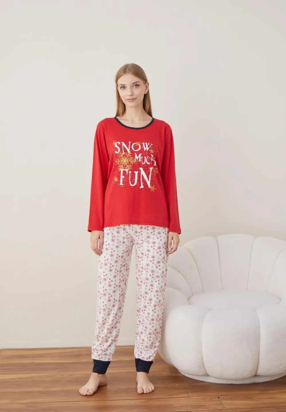 Pijama Craciun Dama Maneca Lunga Pantalon Lungi Rosu SNOW MUCH FUN - 7