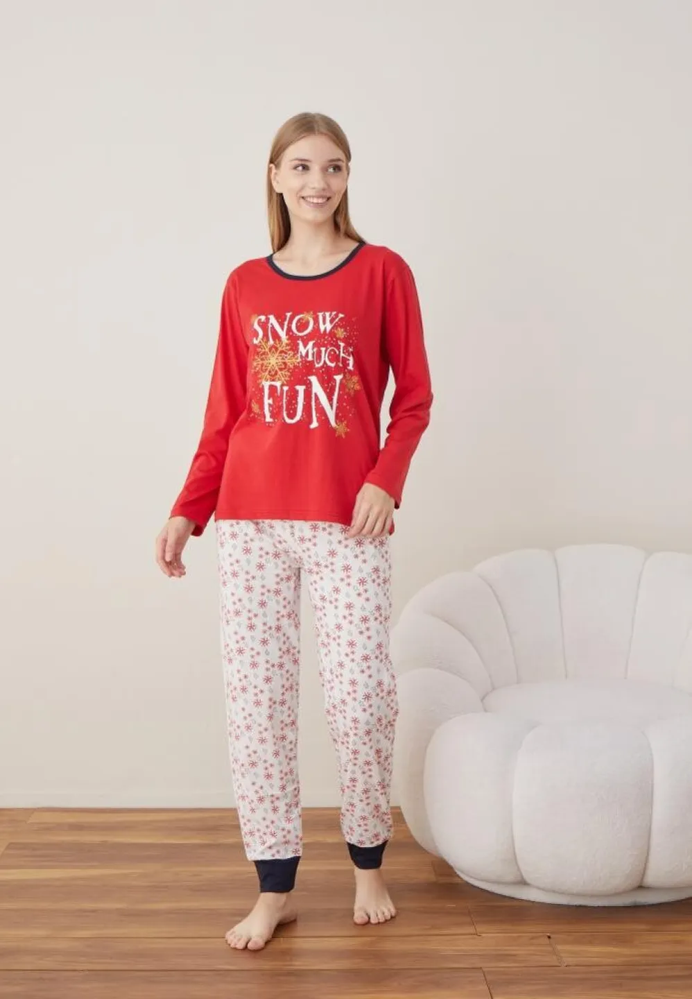 Pijama Craciun Dama Maneca Lunga Pantalon Lungi Rosu SNOW MUCH FUN - 1