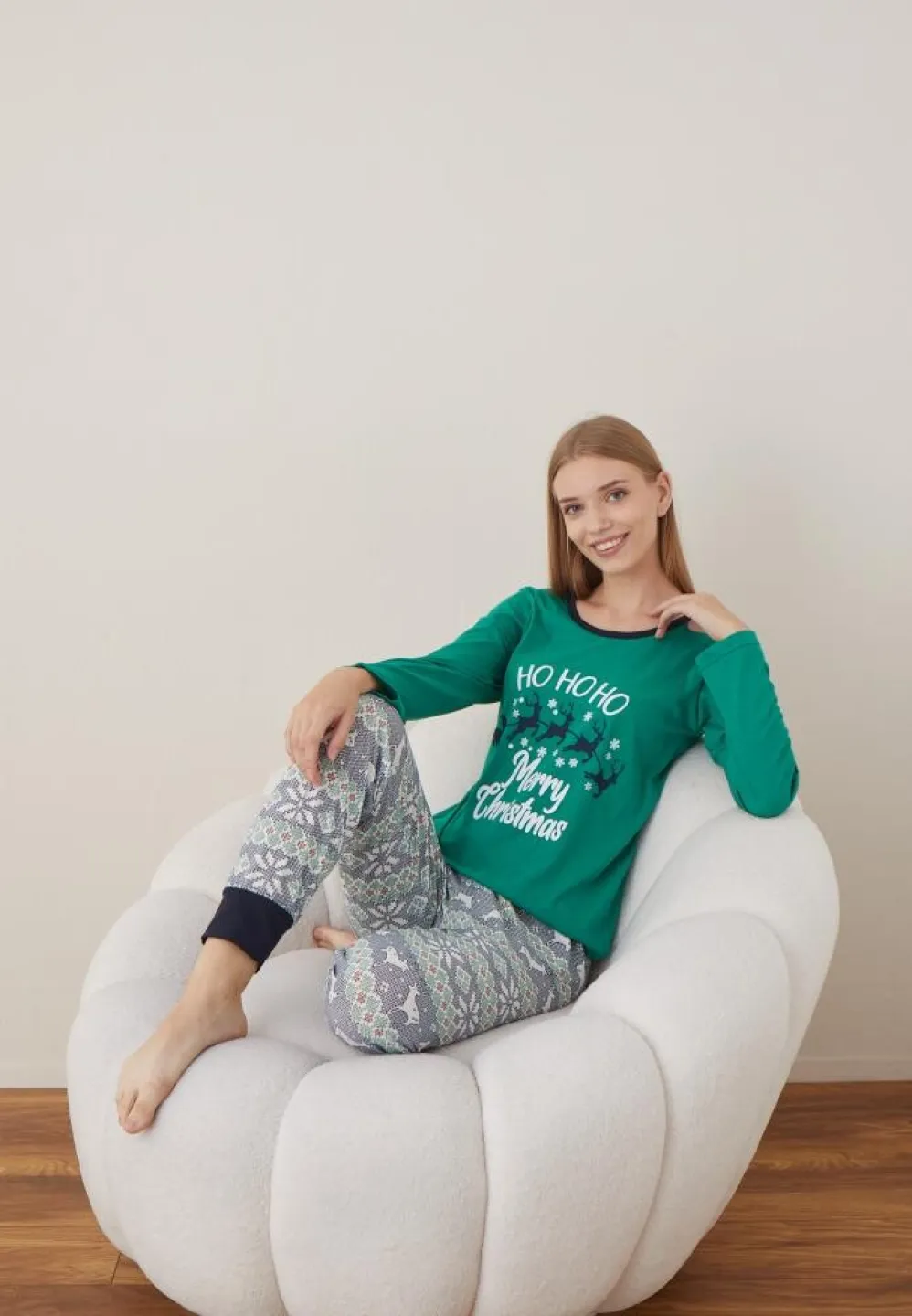 Pijama Craciun Dama Maneca Lunga Pantalon Lungi Verde Ho Ho Ho - 2