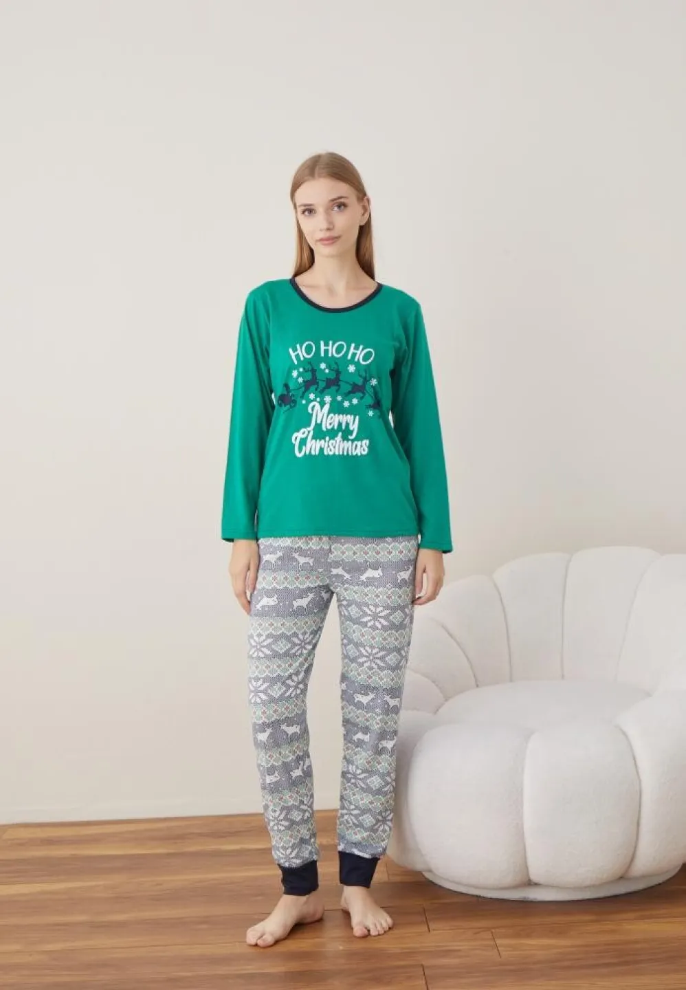 Pijama Craciun Dama Maneca Lunga Pantalon Lungi Verde Ho Ho Ho - 1
