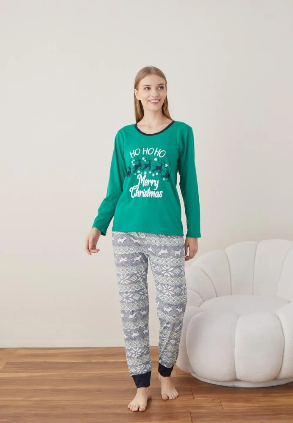 Pijama Craciun Dama Maneca Lunga Pantalon Lungi Verde Ho Ho Ho - 3