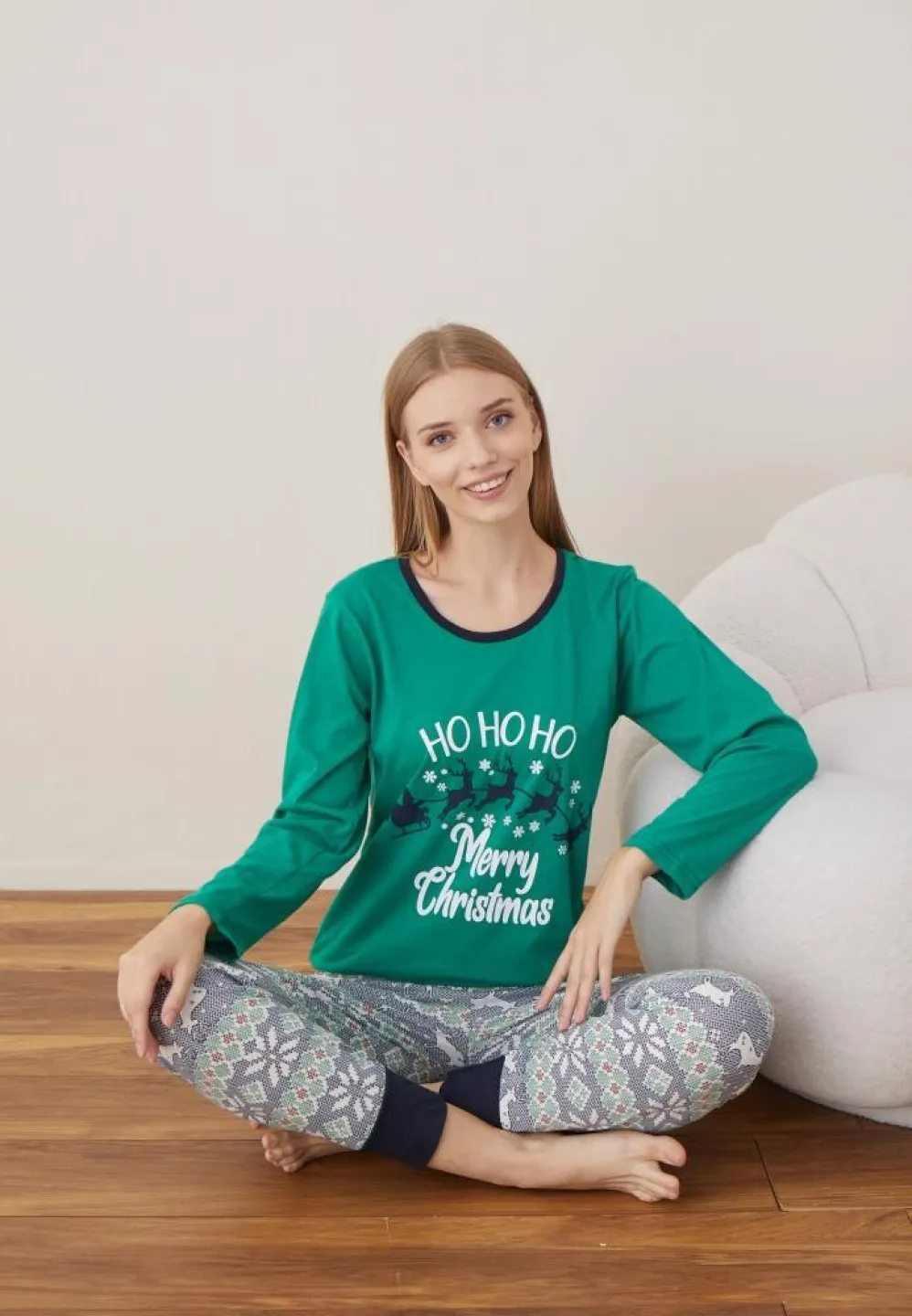 Pijama Craciun Dama Maneca Lunga Pantalon Lungi Verde Ho Ho Ho - 4