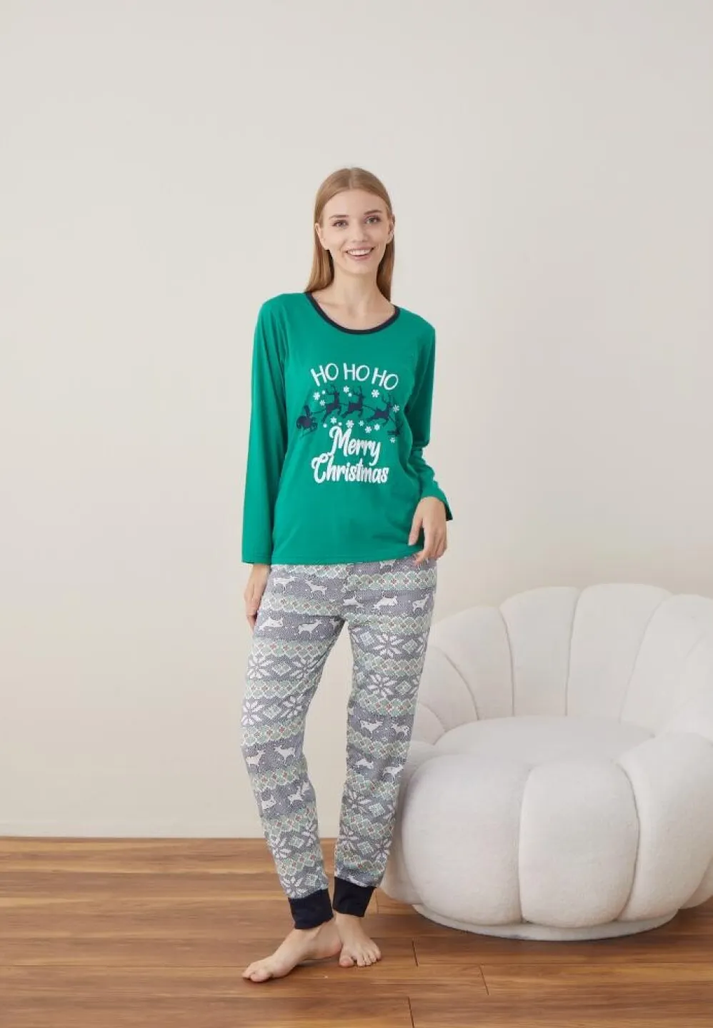 Pijama Craciun Dama Maneca Lunga Pantalon Lungi Verde Ho Ho Ho - 5