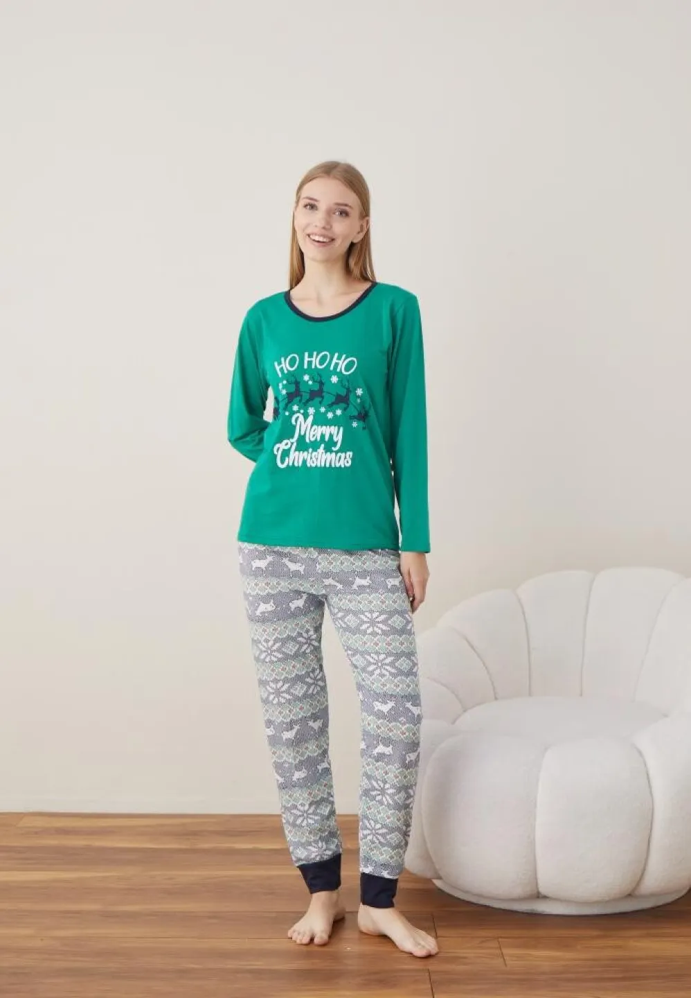 Pijama Craciun Dama Maneca Lunga Pantalon Lungi Verde Ho Ho Ho - 6