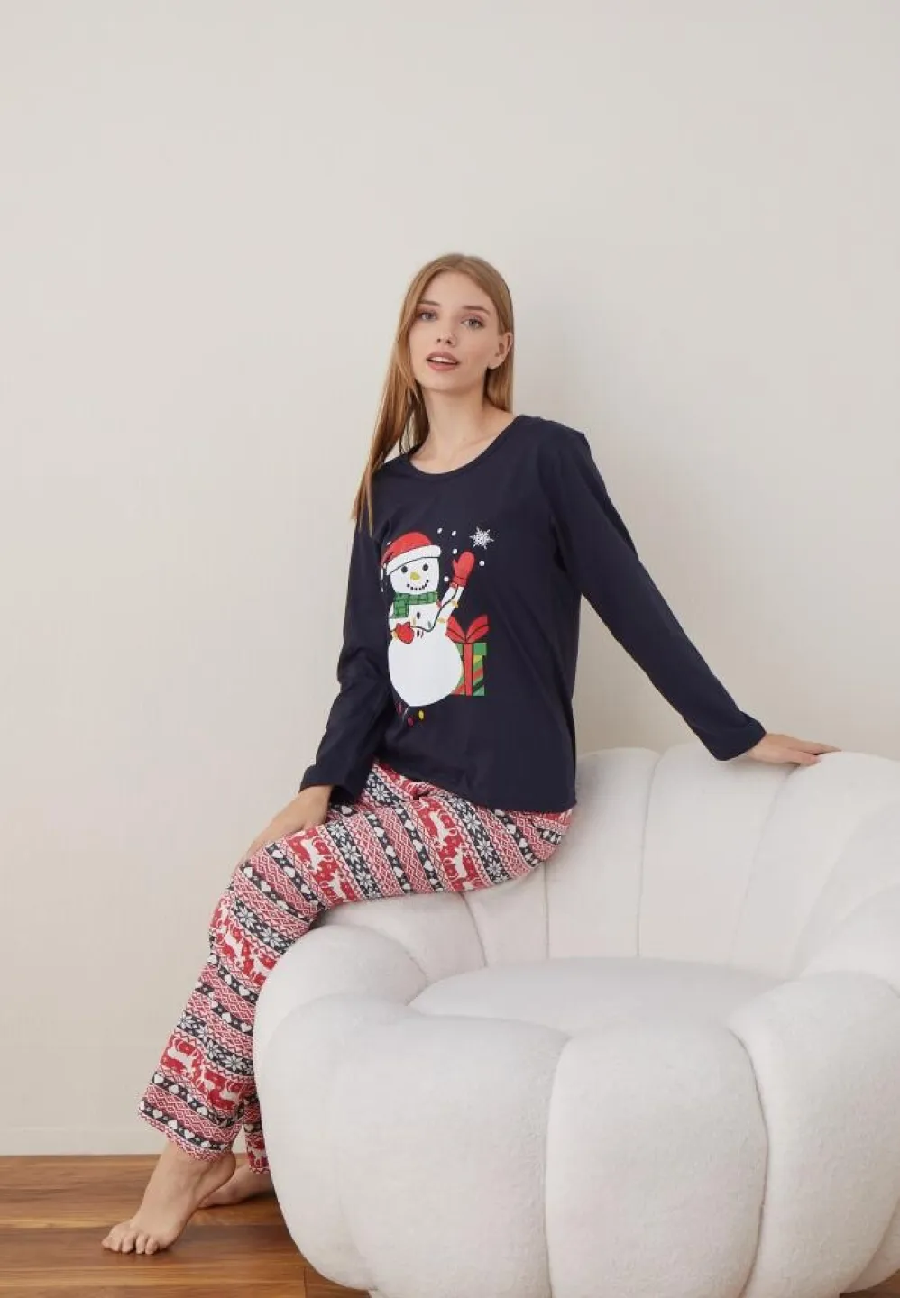 Pijama Craciun Dama Maneca Lunga Pantalon Lungi Bleumarin Om De Zapada - 2