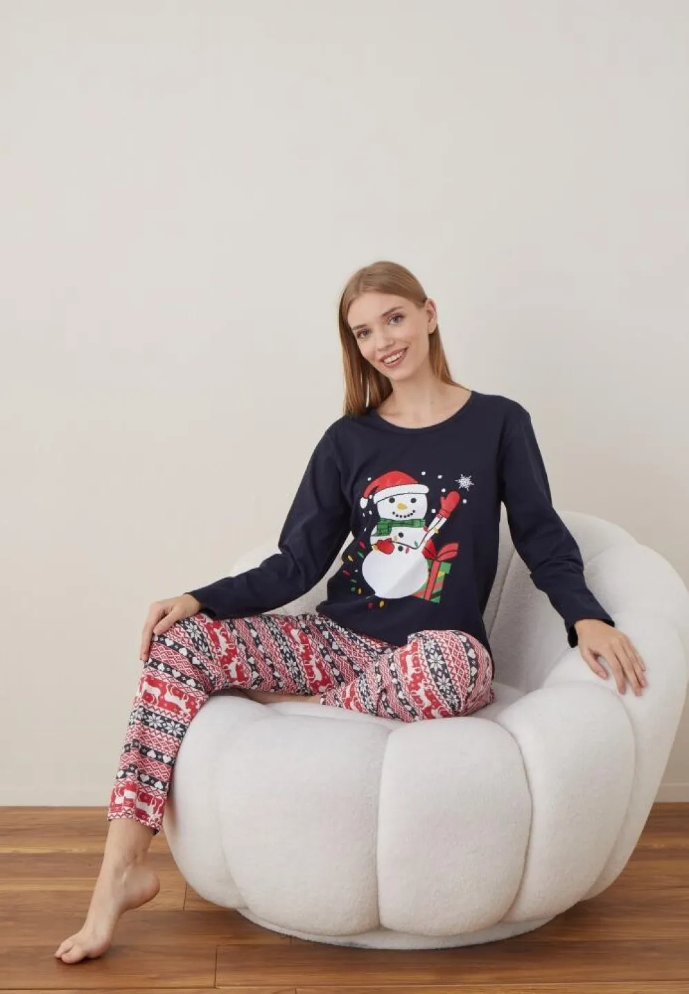 Pijama Craciun Dama Maneca Lunga Pantalon Lungi Bleumarin Om De Zapada - 3