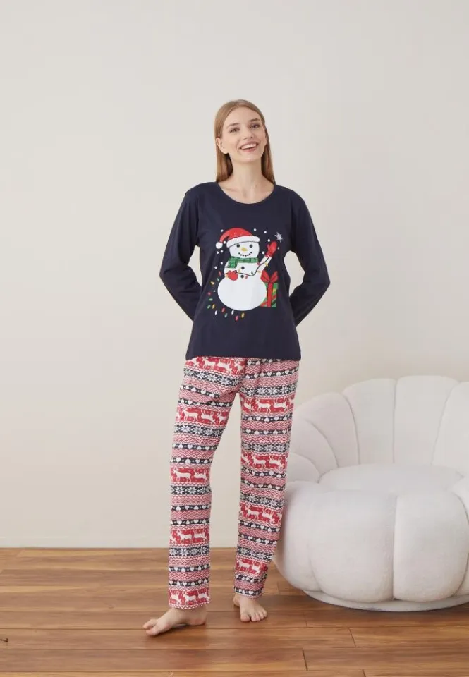 Pijama Craciun Dama Maneca Lunga Pantalon Lungi Bleumarin Om De Zapada