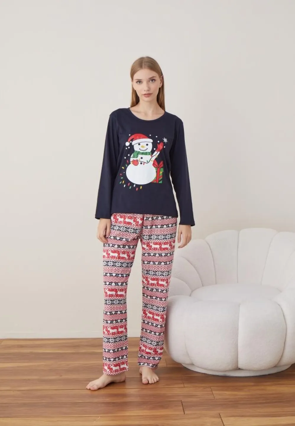 Pijama Craciun Dama Maneca Lunga Pantalon Lungi Bleumarin Om De Zapada - 4