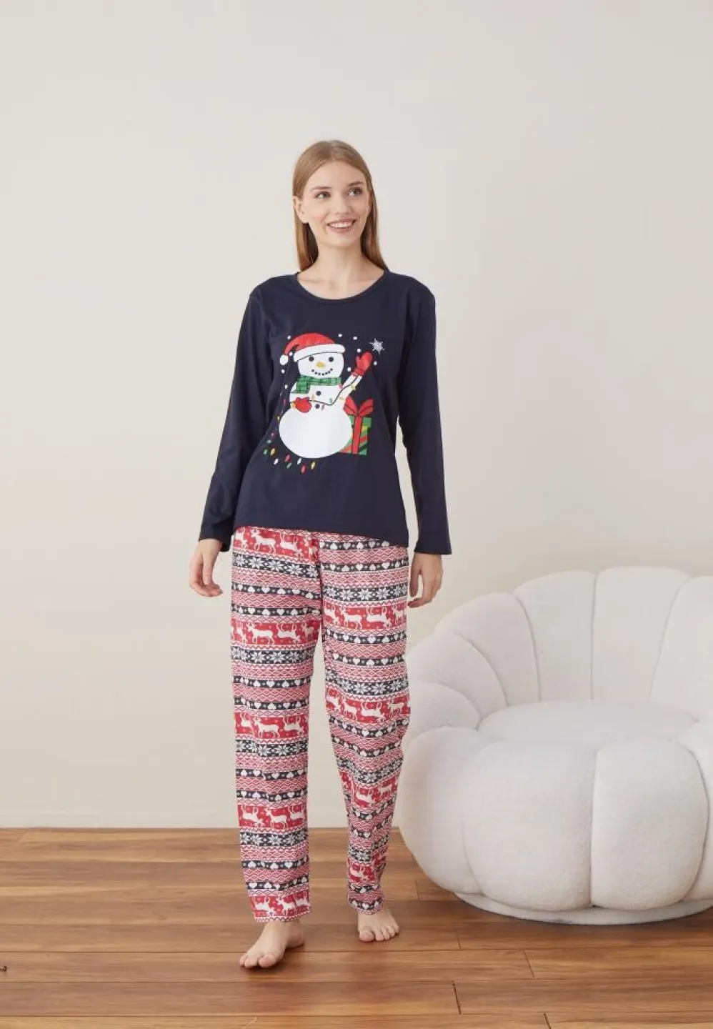 Pijama Craciun Dama Maneca Lunga Pantalon Lungi Bleumarin Om De Zapada - 5