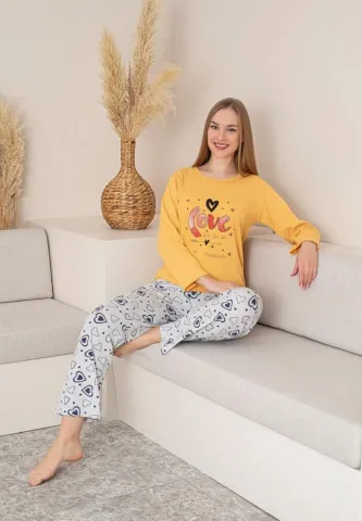 Pijama Dama, Mâneca Lungă, Pantalon Lung, Galben, Love