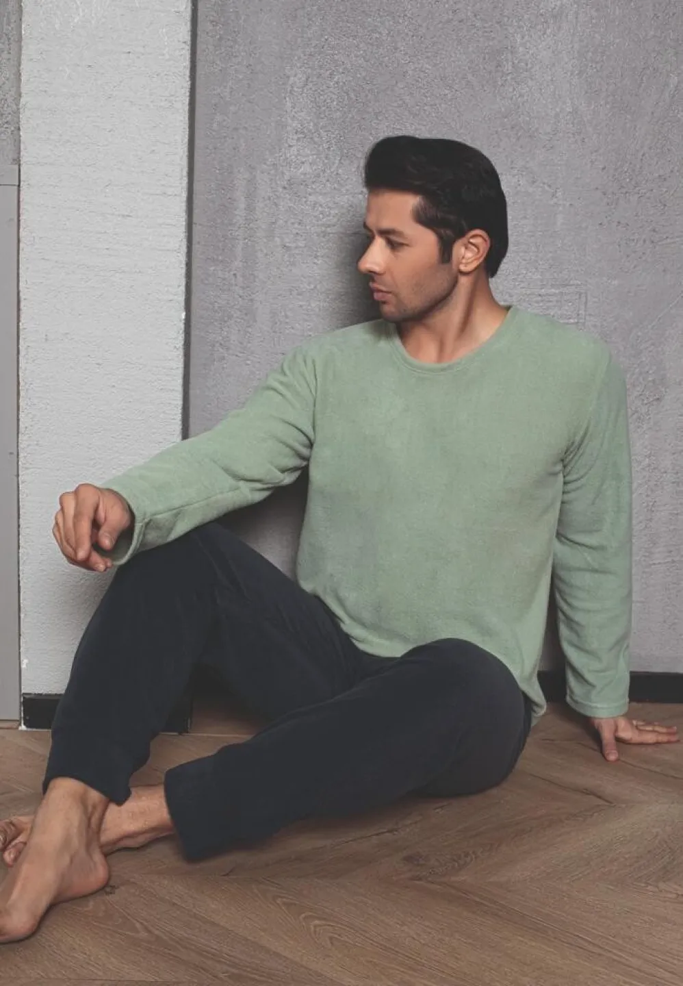 Pijama Bărbat, Polar, Mâneca Lungă și Pantalon Lung, Verde Deschis - 2