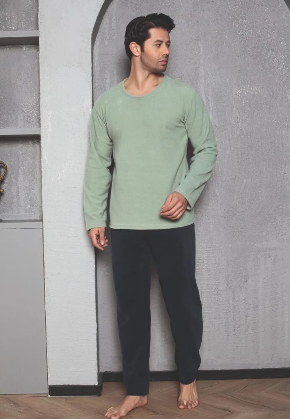 Pijama Bărbat, Polar, Mâneca Lungă și Pantalon Lung, Verde Deschis - 1