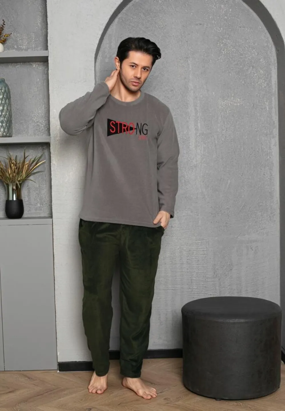 Pijama Bărbat, Polar, Mâneca Lungă și Pantalon Lung, Gri, Strong - 2