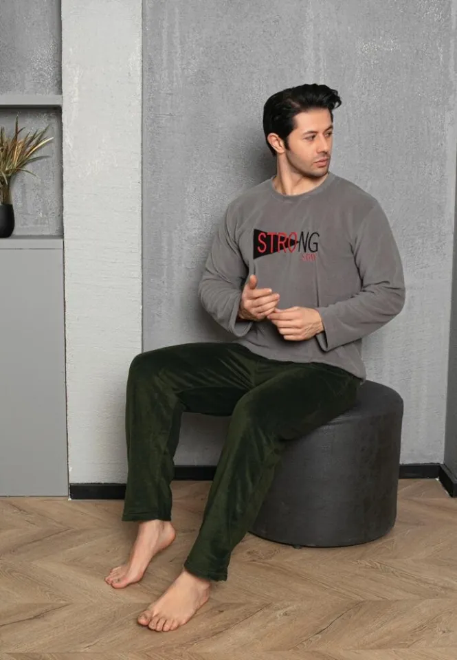 Pijama Bărbat, Polar, Mâneca Lungă și Pantalon Lung, Gri, Strong