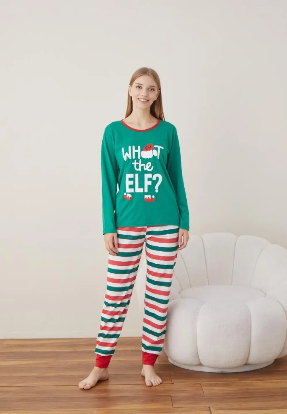Pijama Craciun WHAT THE ELF ? Dama Verde Maneca Lunga Pantalon Lungi - 1