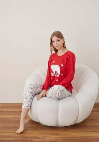 Pijama Craciun Dama Maneca Lunga Pantalon Lungi Rosu Happy New Year hover