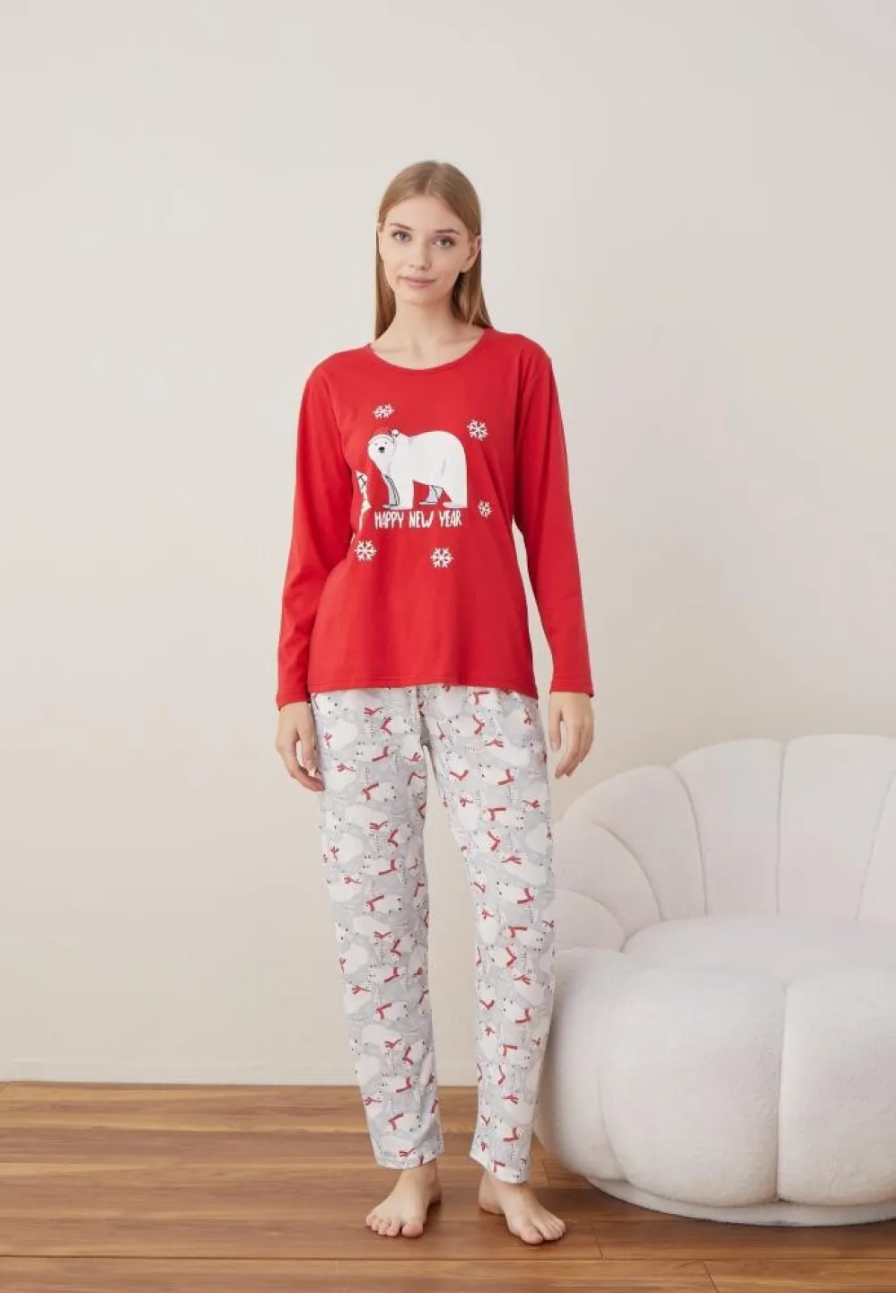 Pijama Craciun Dama Maneca Lunga Pantalon Lungi Rosu Happy New Year - 1