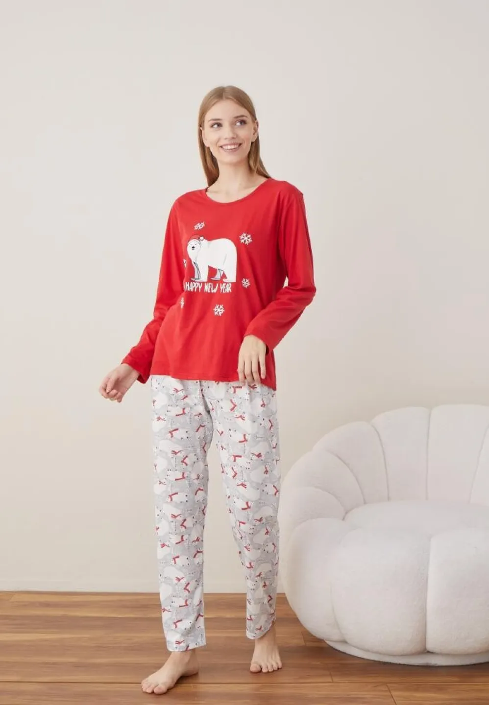 Pijama Craciun Dama Maneca Lunga Pantalon Lungi Rosu Happy New Year - 4
