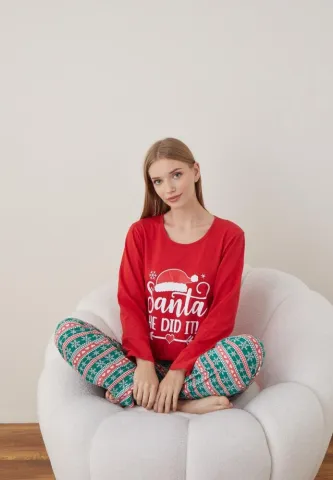 Pijama Craciun Dama Maneca Lunga Pantalon Lungi Rosu Santa
