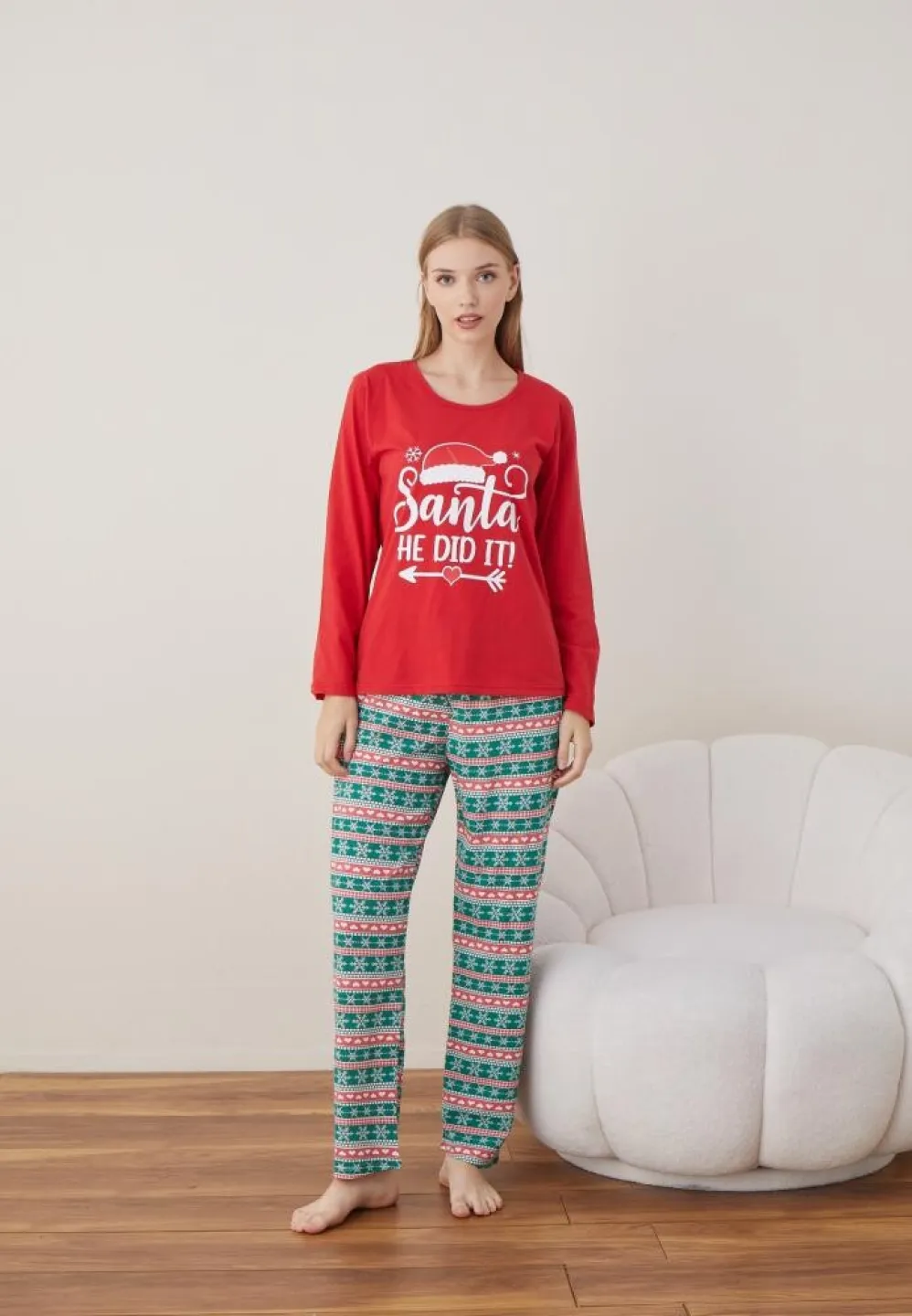 Pijama Craciun Dama Maneca Lunga Pantalon Lungi Rosu Santa - 2