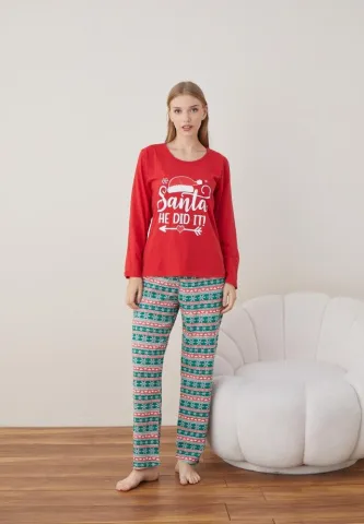 Pijama Craciun Dama Maneca Lunga Pantalon Lungi Rosu Santa hover
