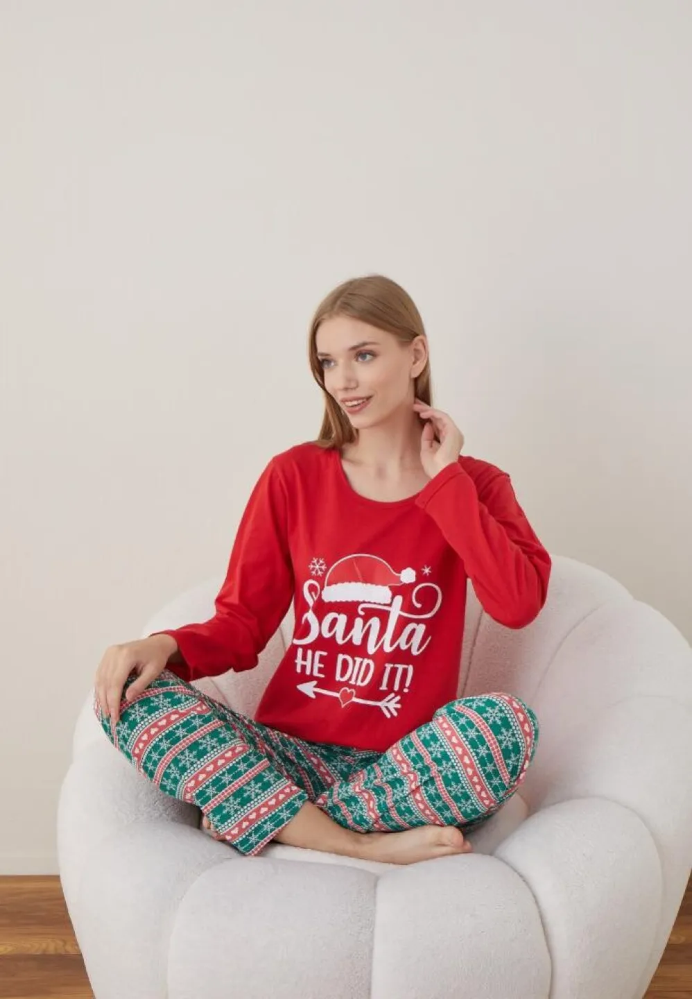 Pijama Craciun Dama Maneca Lunga Pantalon Lungi Rosu Santa - 3