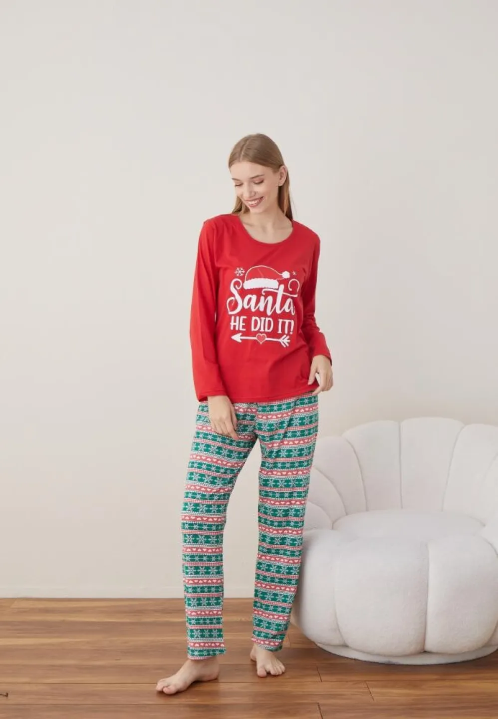 Pijama Craciun Dama Maneca Lunga Pantalon Lungi Rosu Santa - 4