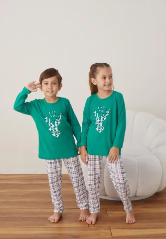 Pijama Crăciun Fete și Băieți Mânecă Lungă Pantalon Lungi Verde Ren