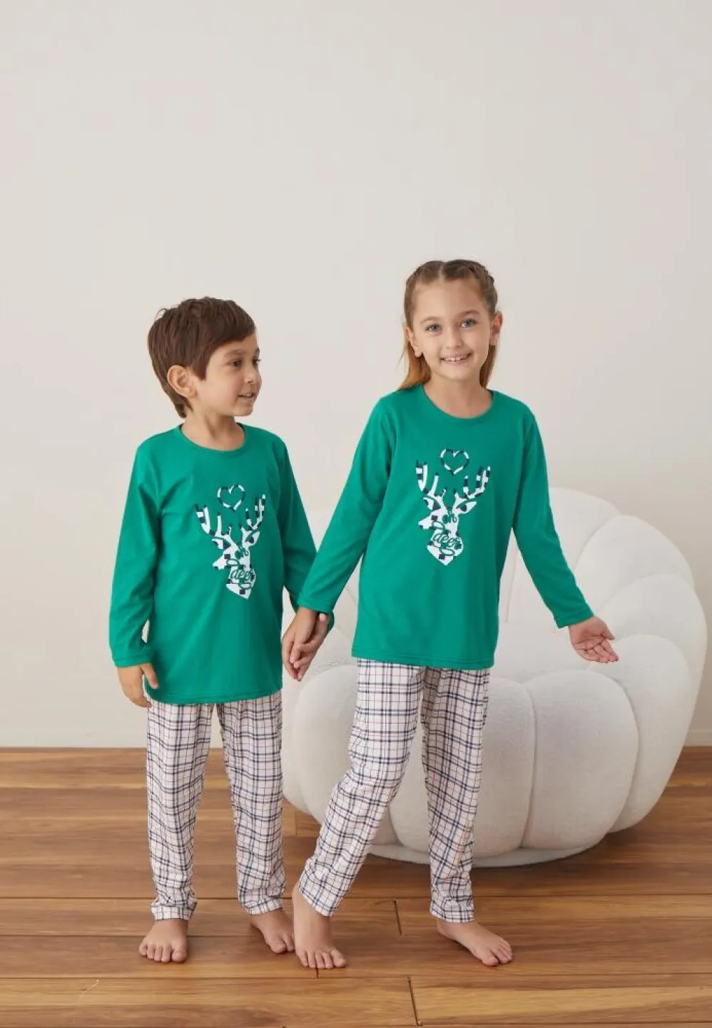 Pijama Crăciun Fete și Băieți Mânecă Lungă Pantalon Lungi Verde Ren - 3