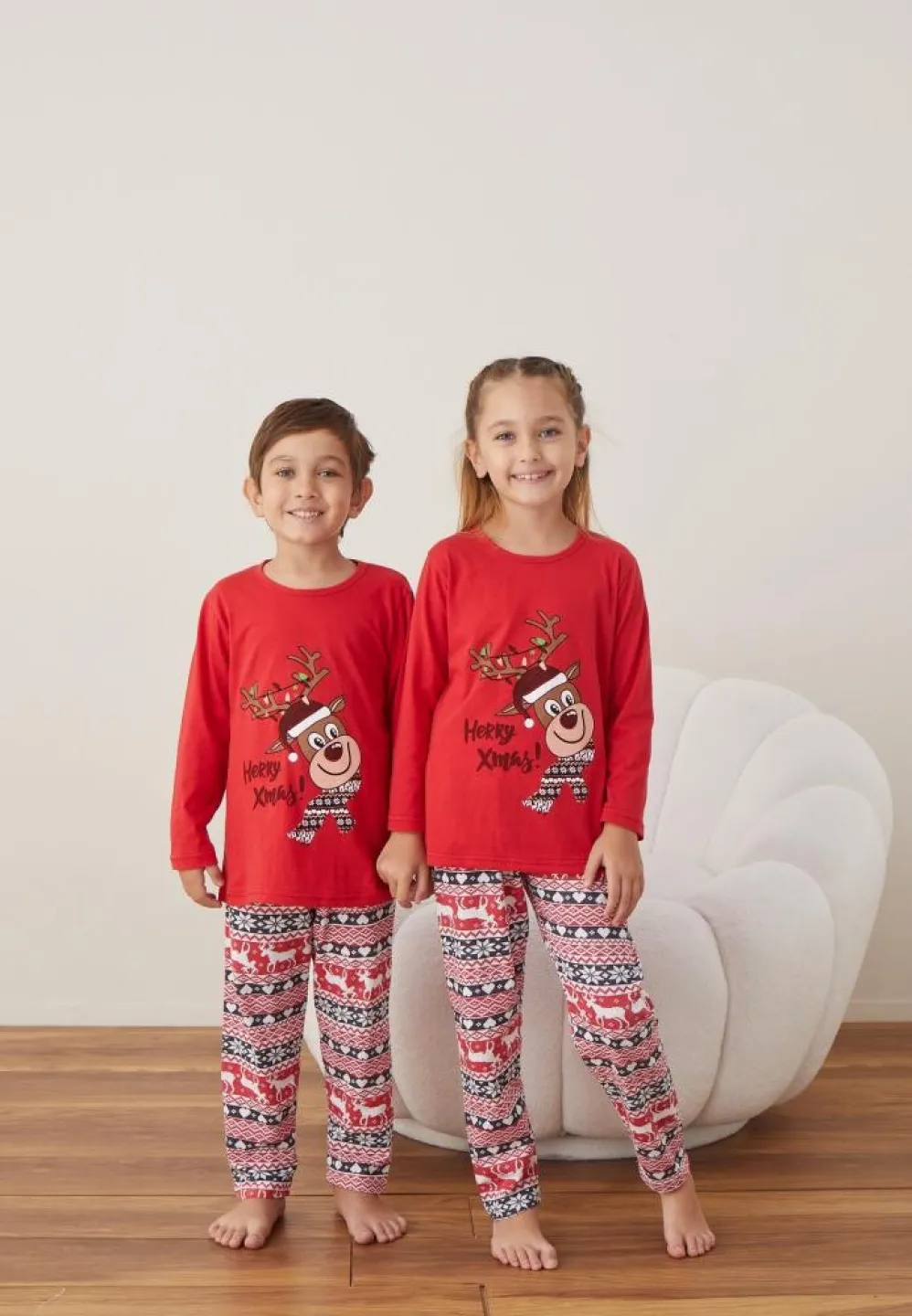 Pijama Crăciun Fete și Băieți Mânecă Lungă Pantalon Lungi Rosu Merry Xmas - 3