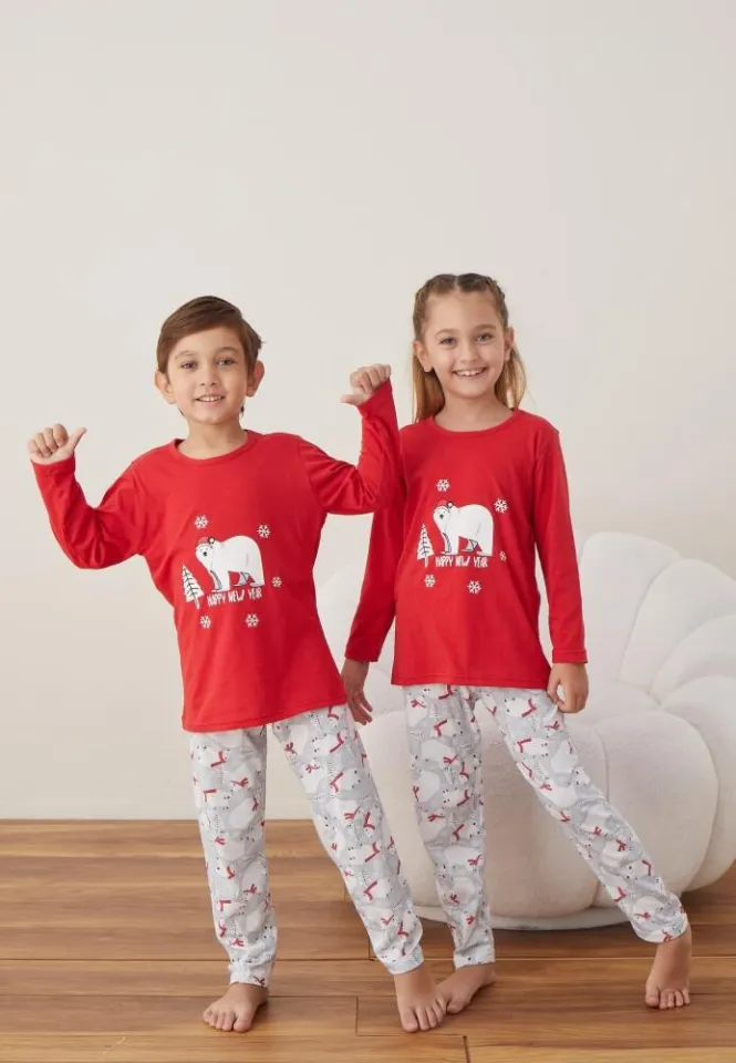Pijama Crăciun Fete și Băieți Mânecă Lungă Pantalon Lungi Rosu Happy New Year