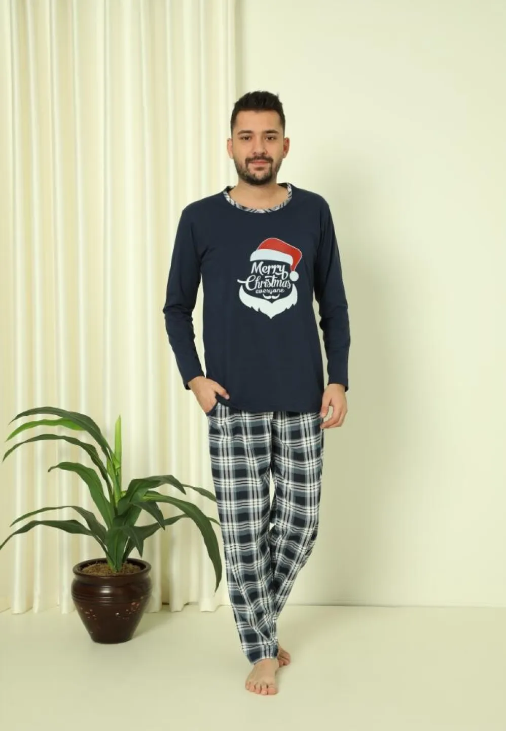 Pijama Crăciun Bărbat Pantaloni Lungi Mânecă Lungă Bleumarin Merry Christmas - 2